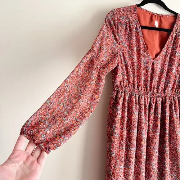 Gap Maternity Burnt Orange Paisley Print Lined Boho V Neck Long Sleeve Dress - S - Picture 2 of 9